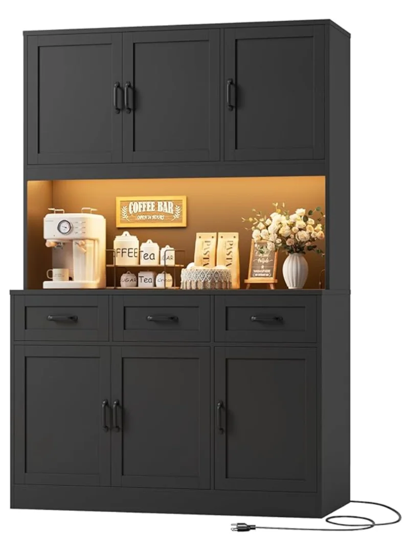 Black 72-inch HOSTACK kitchen pantry cabinet with LED lighting, countertop, and storage cabinets, professionally assembled in Spring Hill, Tennessee.